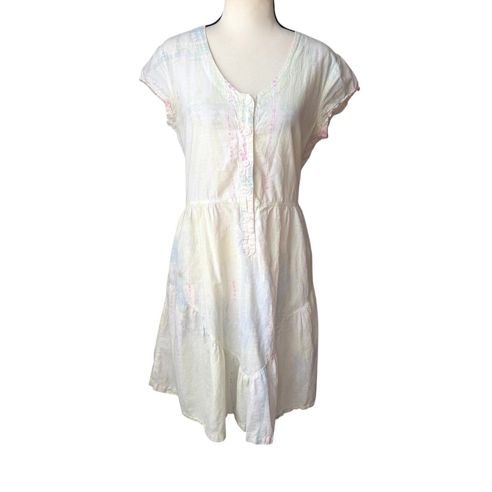 LACAUSA Pastel Tie Dye Babydoll Mini Dress Cap Sleeve Cotton Boho Festival XS